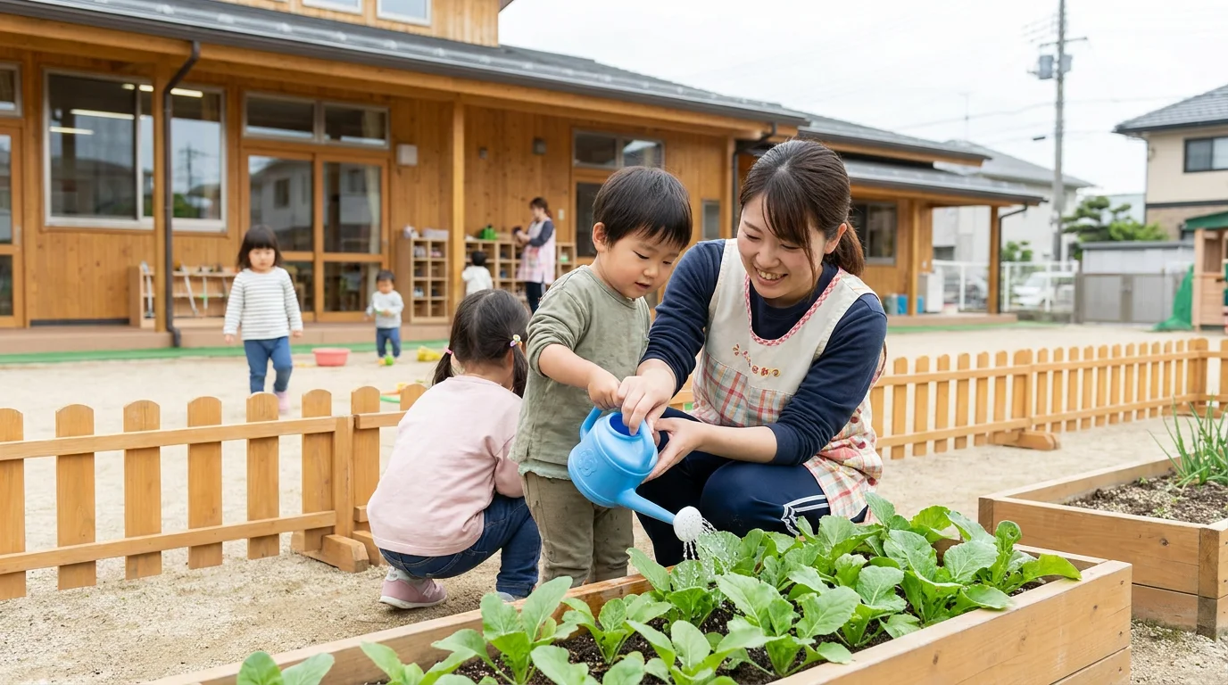先生と園児が園の花壇で水やりをする様子